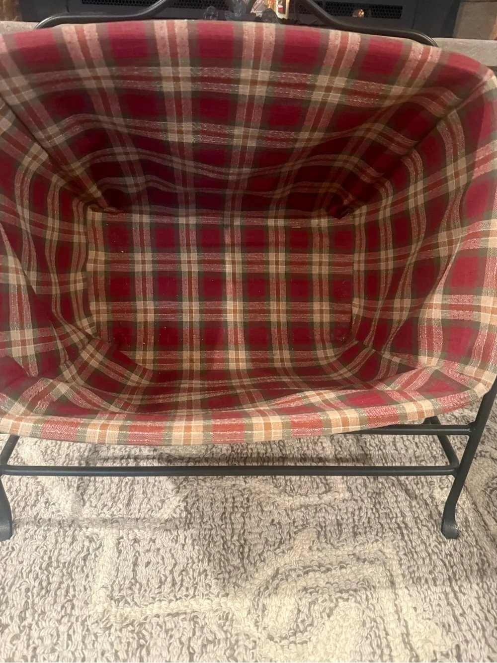 Longaberger newspaper basket. With lid , liner and wrought iron stand